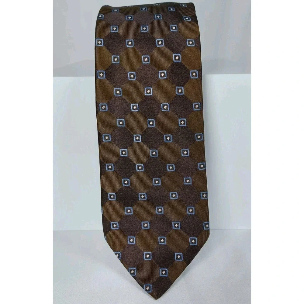 Tommy Hilfiger Necktie Brown Blue Geometric Dot 100% Silk Tie 3.5